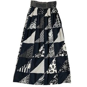 Vintage Handmade Patchwork Maxi Skirt  Black‎ White Geometric Floral  M 70s Boho